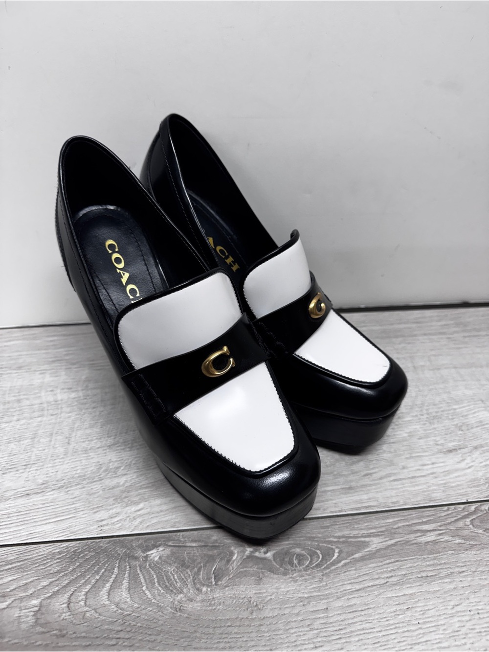 Coach Ilyse BLACK & White Leather platform Loafer Shoes US 6.5-36.5